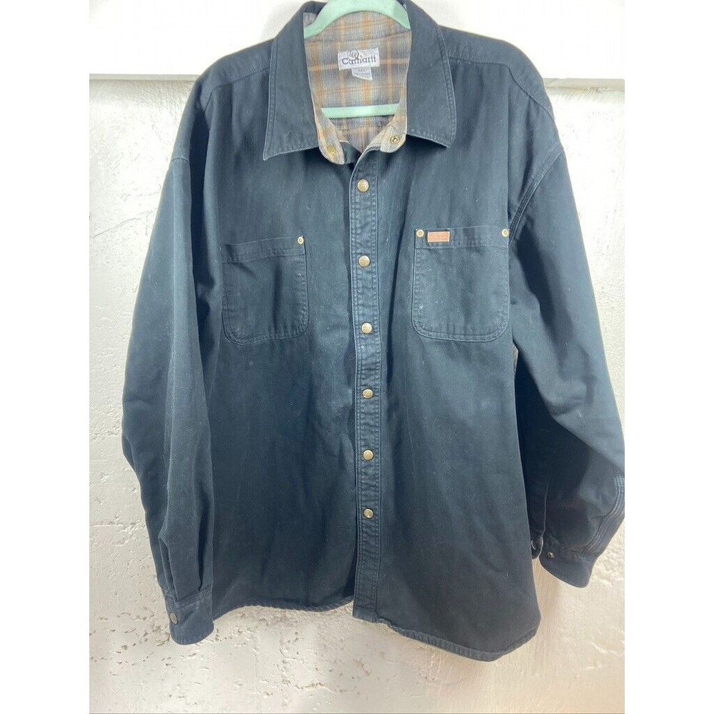CARHARTT MENS 3XLARGE BLACK CANVAS SNAP UP PLAID FLANNEL LINED JACKET
